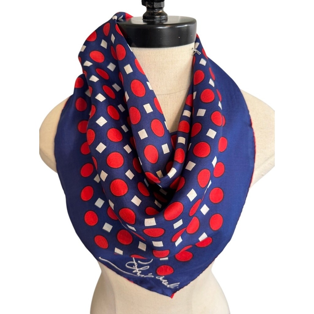 Schiaparelli Vintage Silk Scarf Navy Blue Red Polka Dot Hand Rolled Japan 23x23